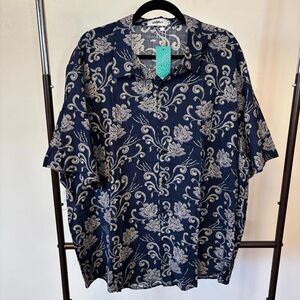 Vatpave Blue and Cream Casual Button Down Shirt Floral Pattern XXL